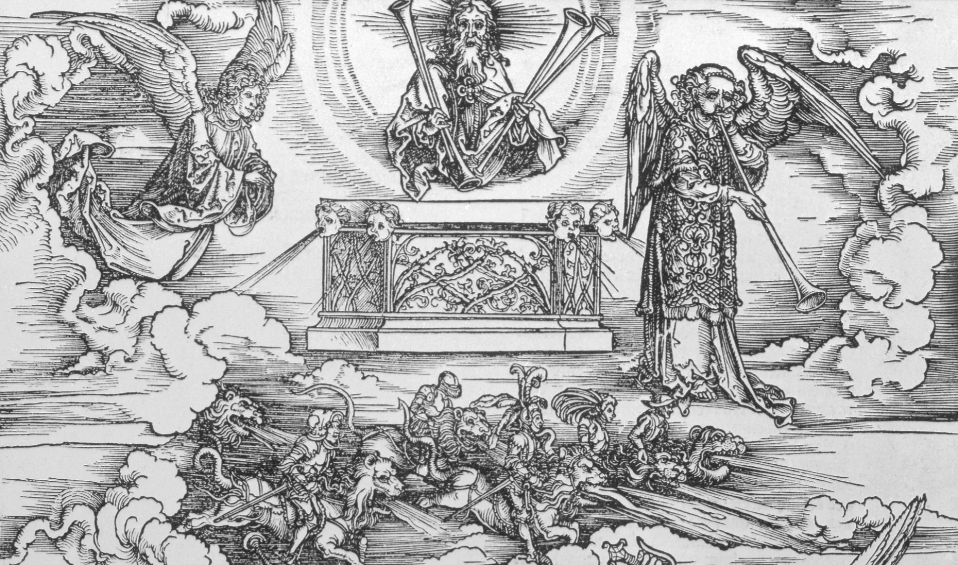 Uma representação do Arcanjo Miguel com uma trombeta, simbolizando a autoridade e o poder do anúncio celestial.