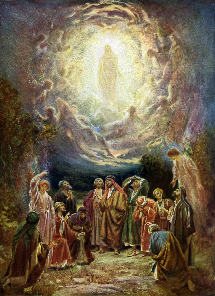 Jesus Cristo descendo majestosamente das nuvens, com uma luz gloriosa ao seu redor.