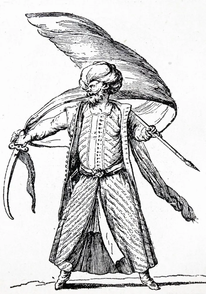Ilustração do Sultão Otomano Murad I em seu trono, uma figura de poder.