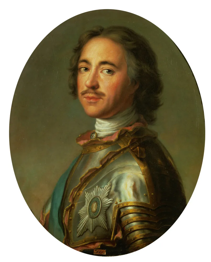 Pintura de Pedro, o Grande, czar da Rússia, com um olhar imponente e sério.