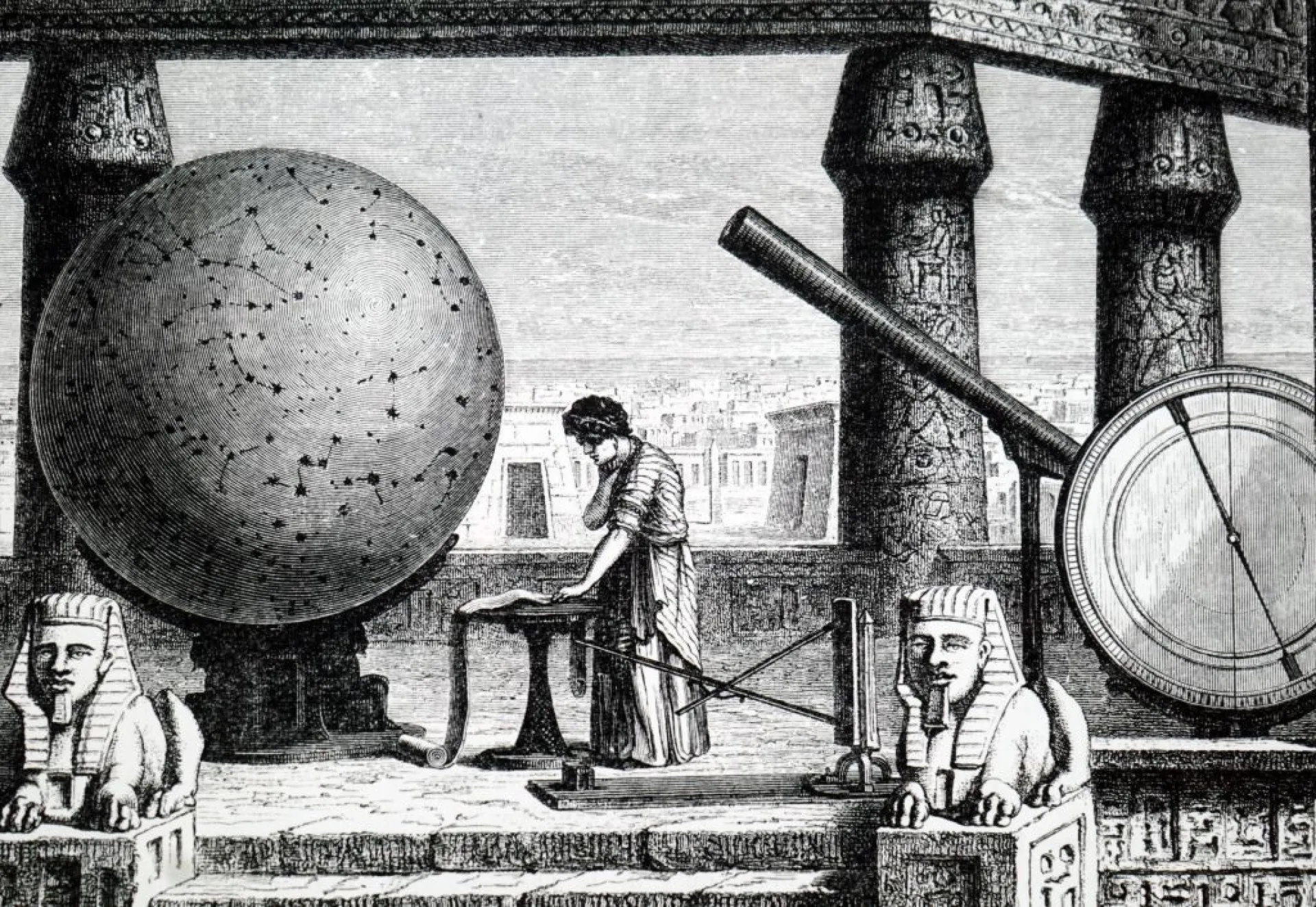 Ilustração antiga de estudiosos trabalhando na Biblioteca de Alexandria.