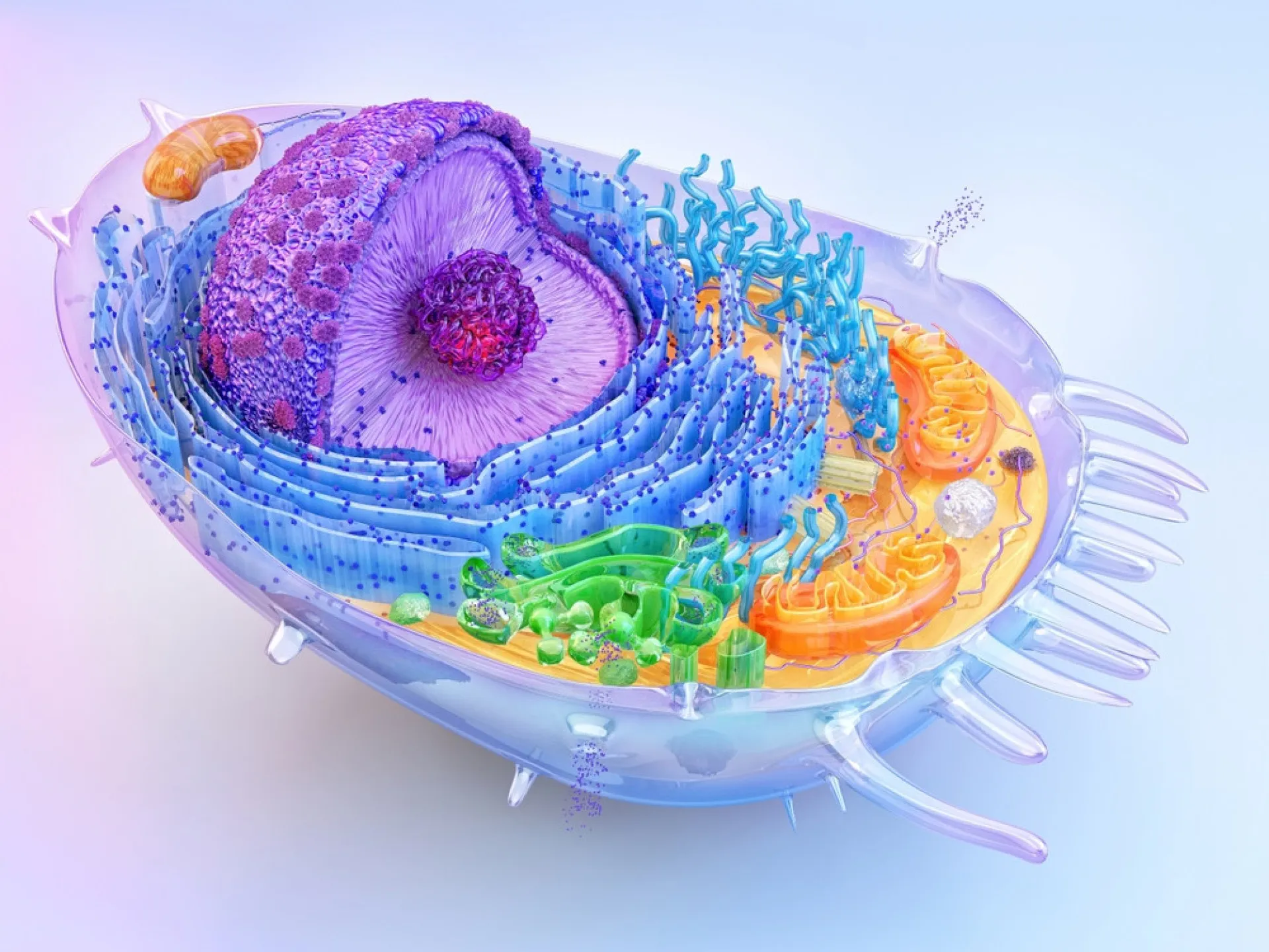 Representação de uma rede neural complexa com pulsos de energia, simbolizando os circuitos elétricos celulares.