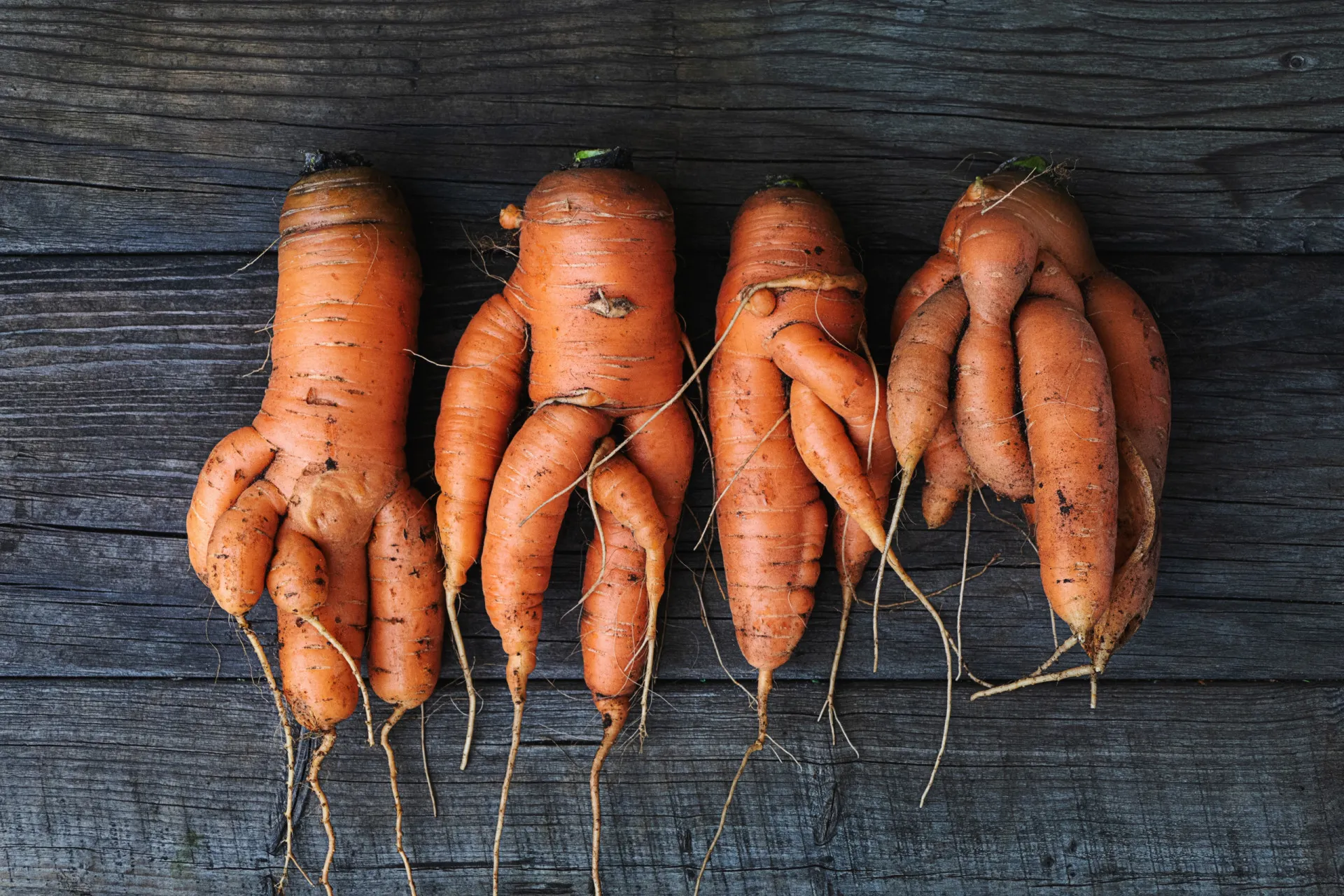 Caixa com vegetais de formatos variados e 'imperfeitos' que foram resgatados.