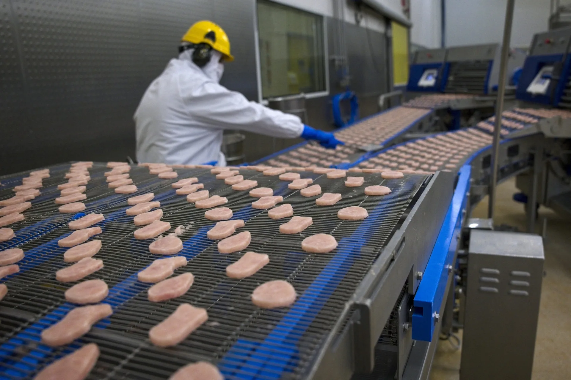 Linha de produção em uma fábrica de alimentos, com embalagens sendo preenchidas.