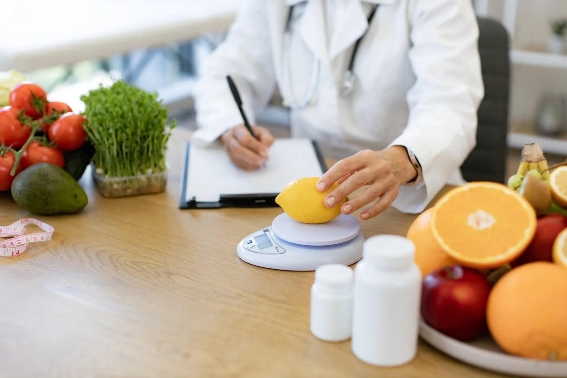 Uma pessoa recebendo orientação de um nutricionista enquanto se pesa, combinando educação e acompanhamento.