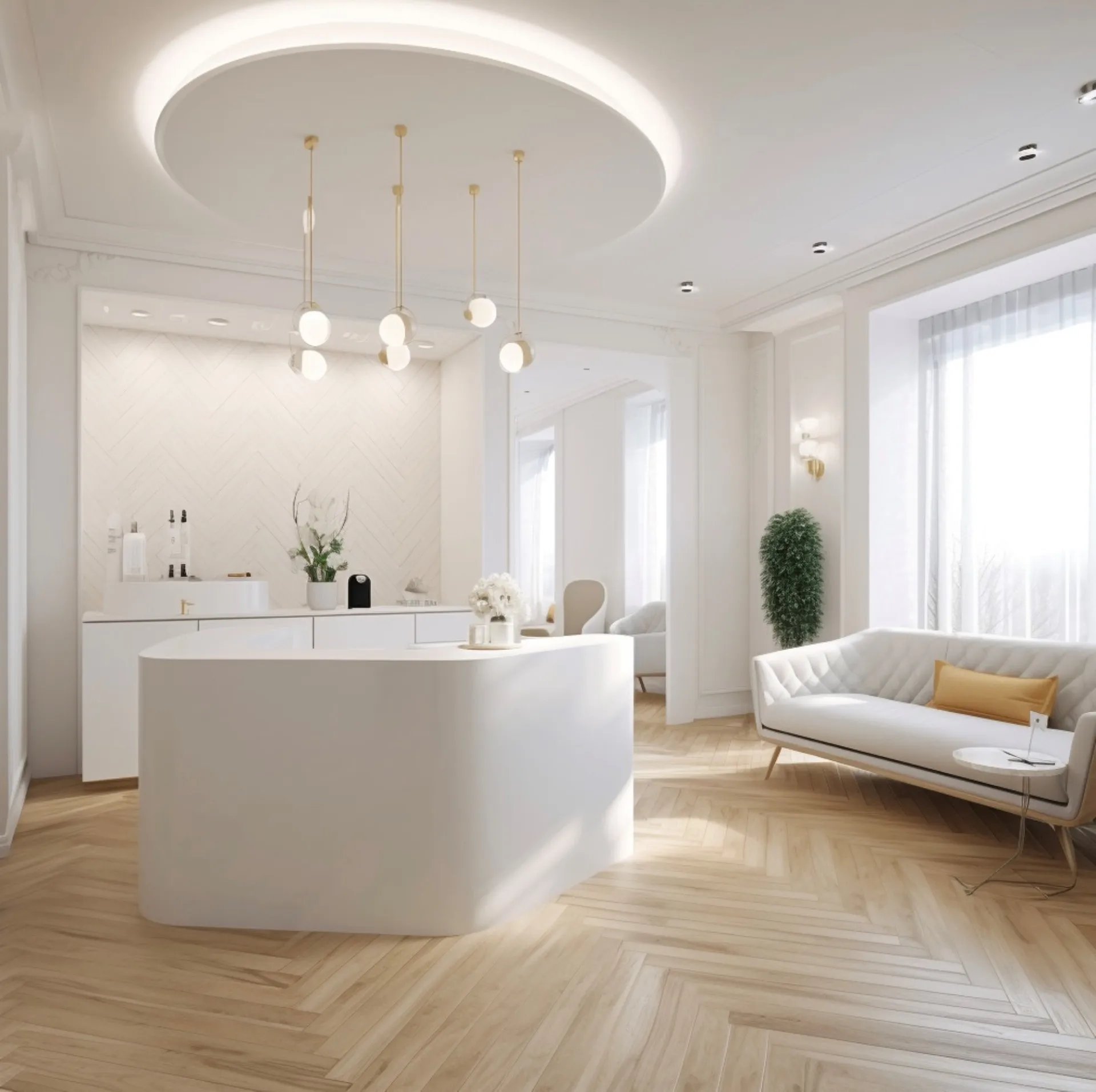 Interior de uma clínica moderna e minimalista, com poltronas confortáveis e uma atmosfera calma.