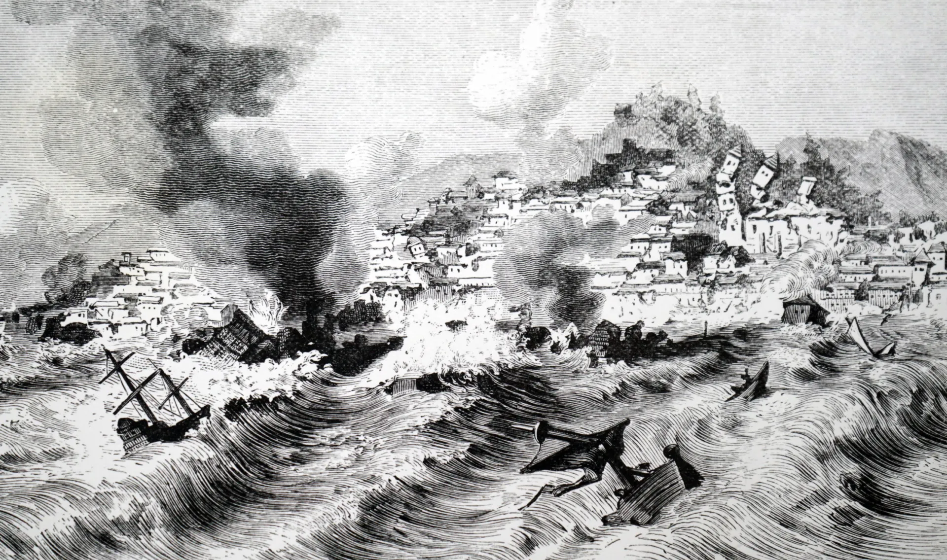 Ilustração histórica mostrando a destruição de Lisboa pelo terremoto e tsunami de 1755.