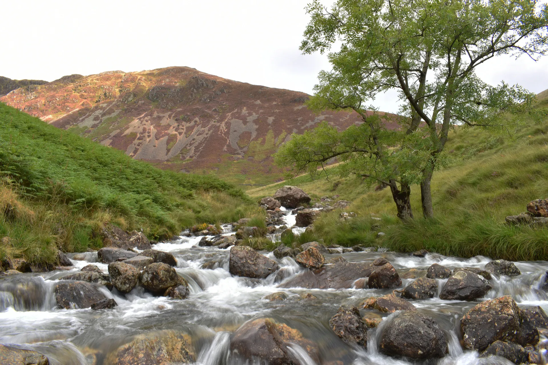 Paisagem montanhosa do País de Gales com um rio correndo por um vale verdejante.