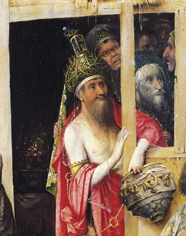 Pintura medieval retratando uma cena apocalíptica, com figuras religiosas e demônios.