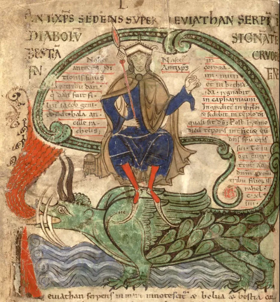 Manuscrito medieval com iluminuras, mostrando um monge escrevendo em um scriptorium.