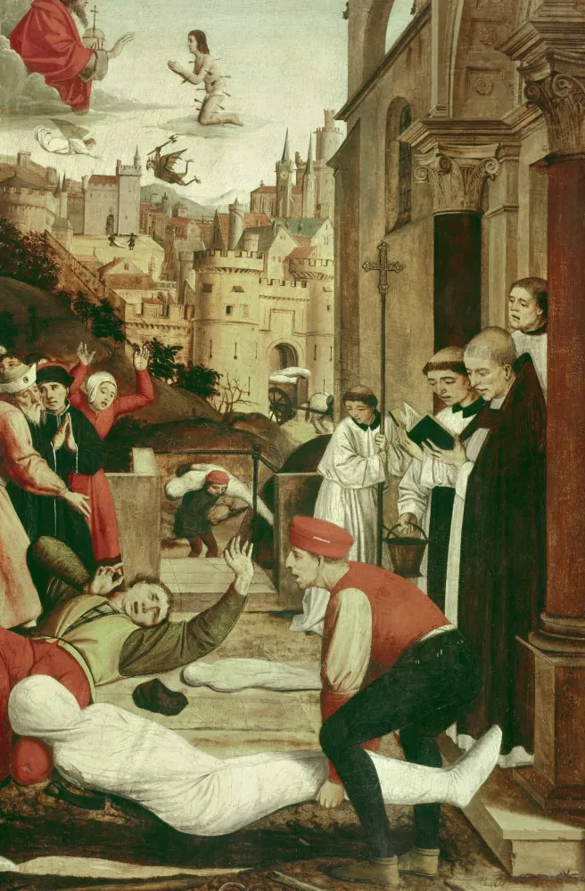 Pessoas rezando em uma igreja, buscando alívio divino para a praga que assolava a todos.