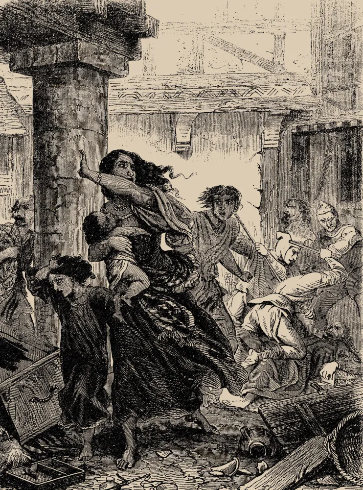 Ilustração histórica de judeus sendo presos e levados para a fogueira em Colônia.