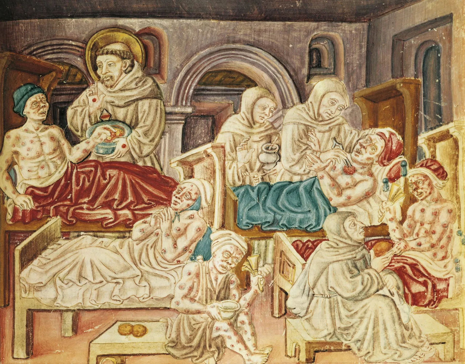 Um médico medieval realizando uma sangria em um paciente, uma técnica comum na época.