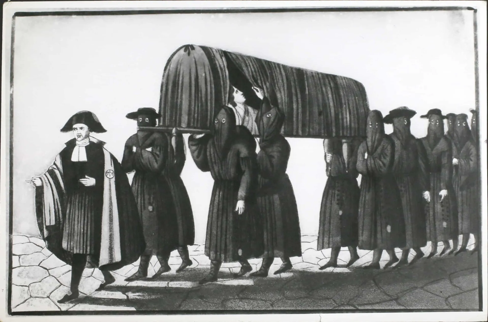 Homens usando máscaras carregam um doente em Florença, mostrando o medo do contágio.