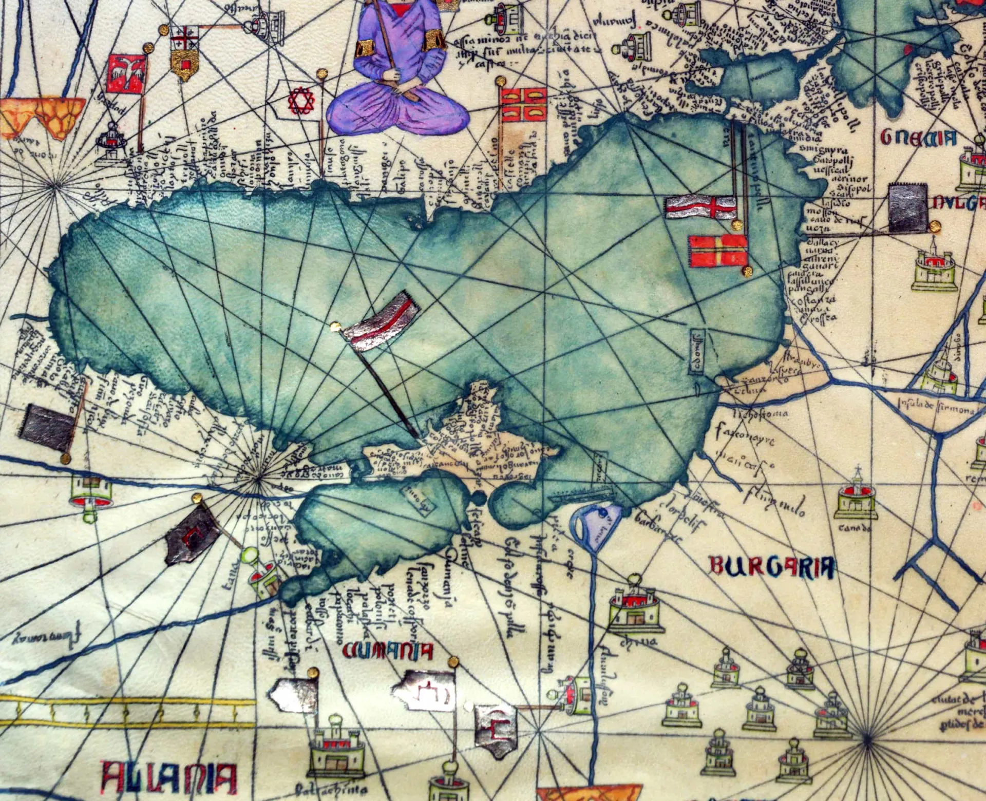 Mapa antigo do Atlas Catalão de 1375, mostrando a região do Mar Negro e adjacências.