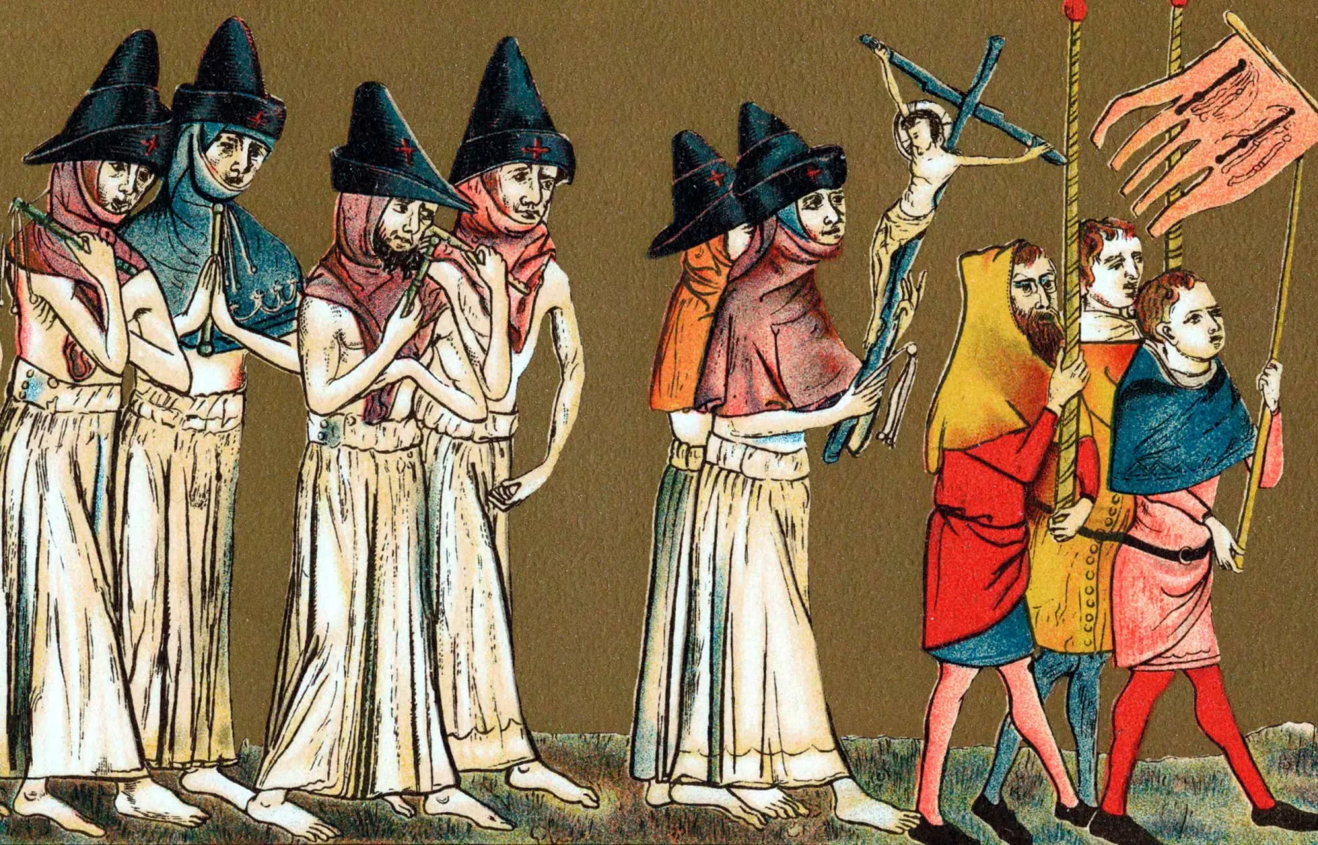 Grupo de flagelantes se açoit_ando em uma procissão pelas ruas da cidade holandesa de Tournai.