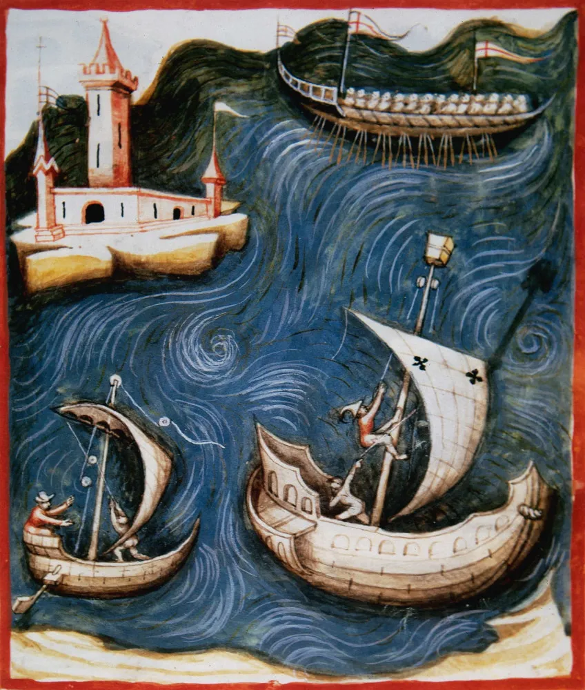 Ilustração medieval de pessoas em pânico fugindo de uma cidade atingida pela peste.