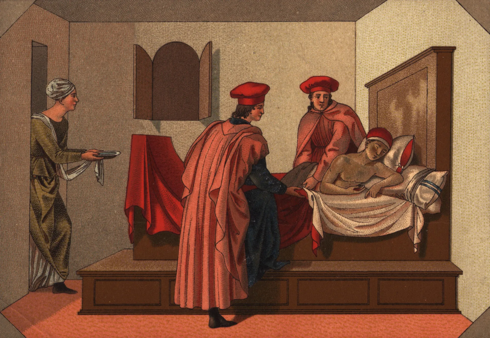 Ilustração mostrando o enterro de vítimas da peste em uma vala comum, conhecida como 'poço da peste'.