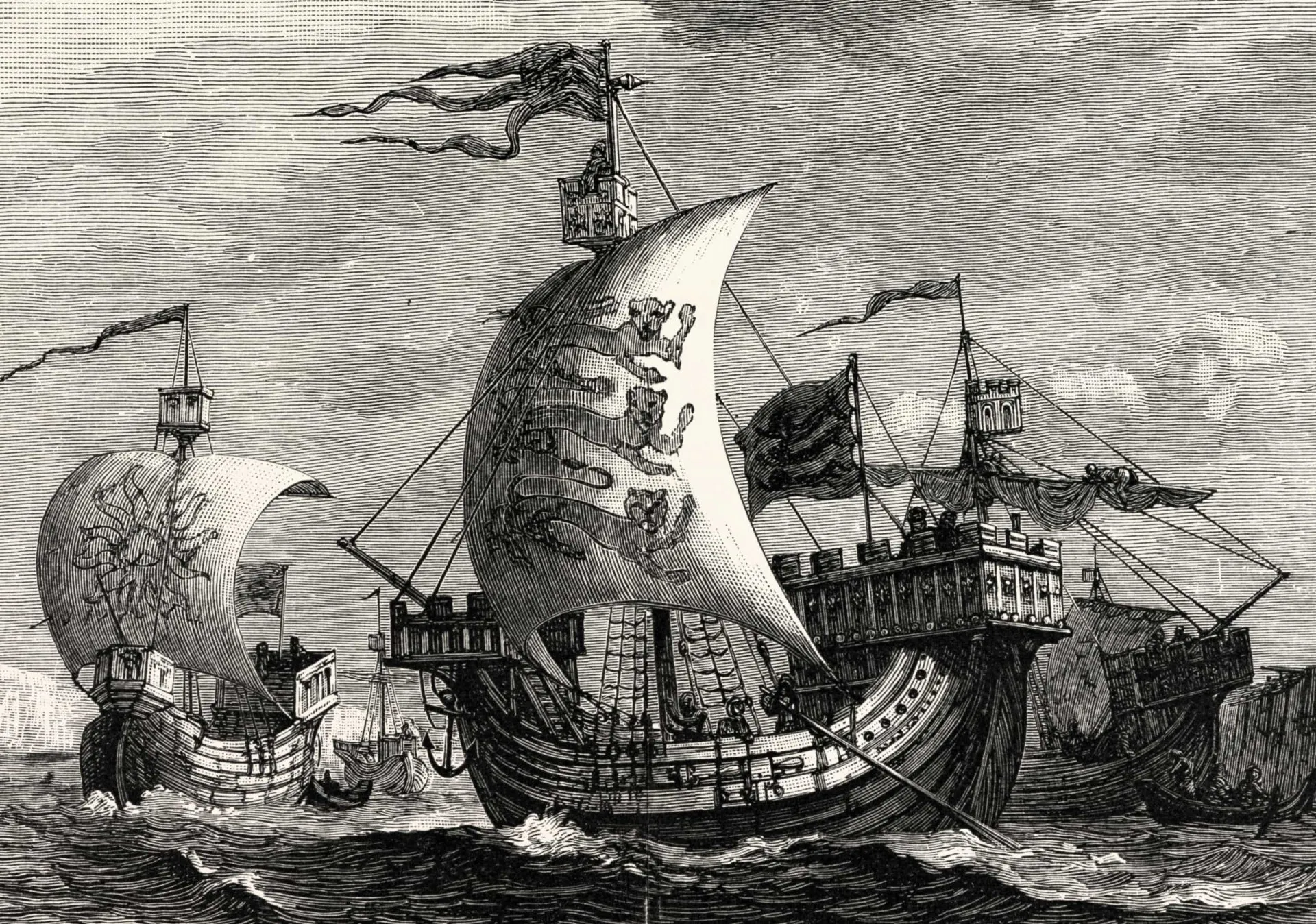 Um navio viking navegando em águas turbulentas, simbolizando a chegada da peste à Escandinávia.