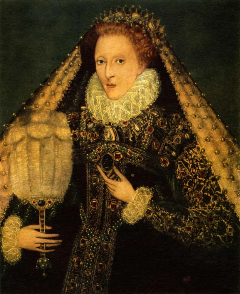 Retrato de uma mulher da Idade Média com uma gola alta e um chapéu que cobrem suas orelhas.