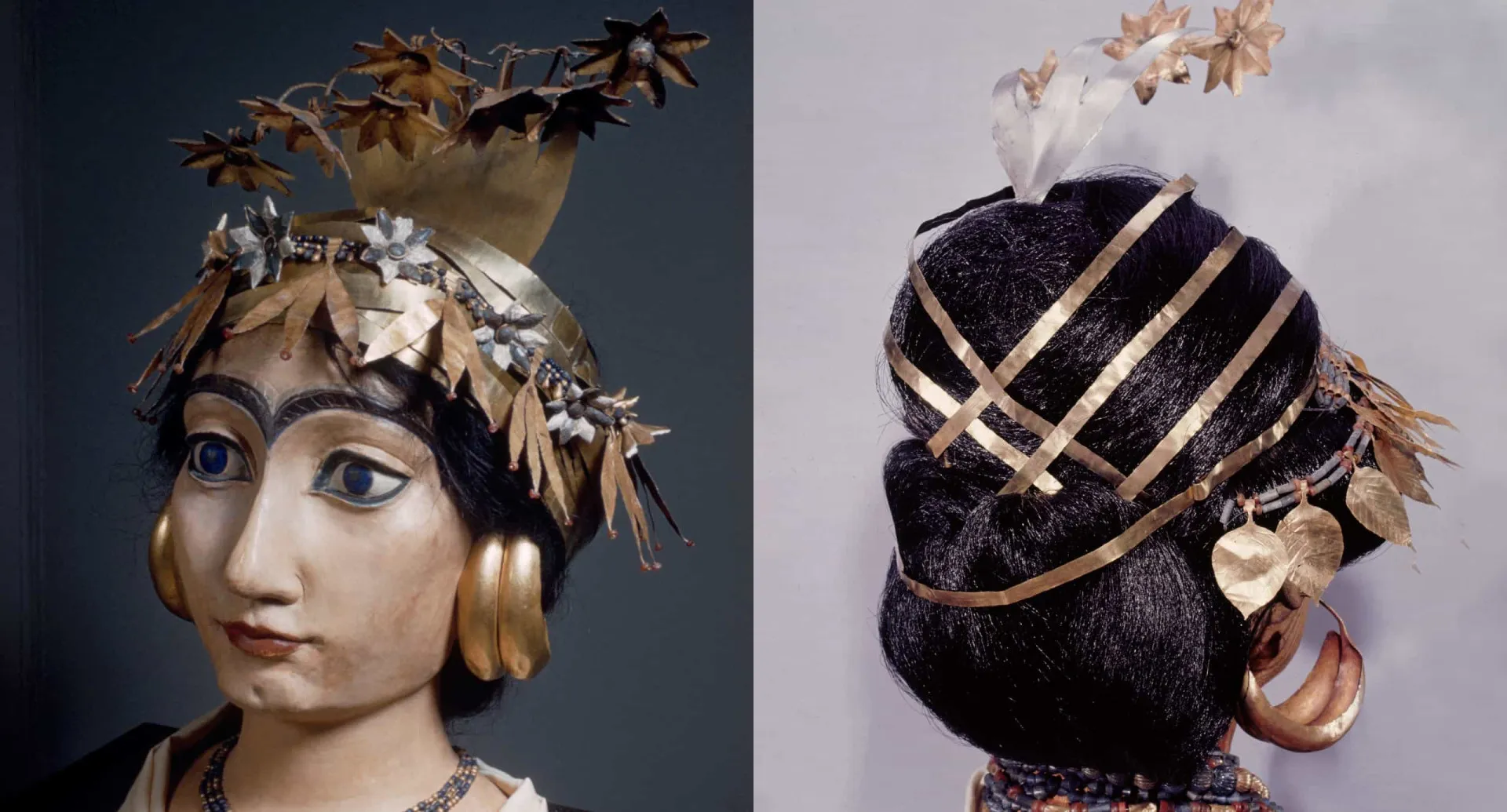 Brincos de argola de ouro e um adorno de cabeça da realeza suméria, datados de 2500 a.C.
