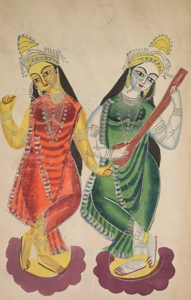 Pintura indiana retratando as deusas Lakshmi e Sarasvati usando grandes brincos de argola ornamentados.