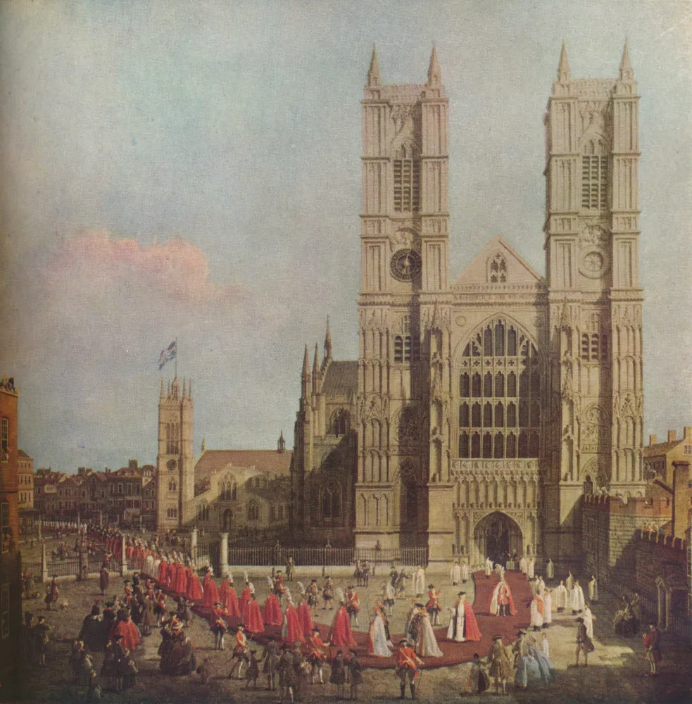Pintura antiga retratando uma procissão de nobres em um tapete vermelho dentro de uma abadia.