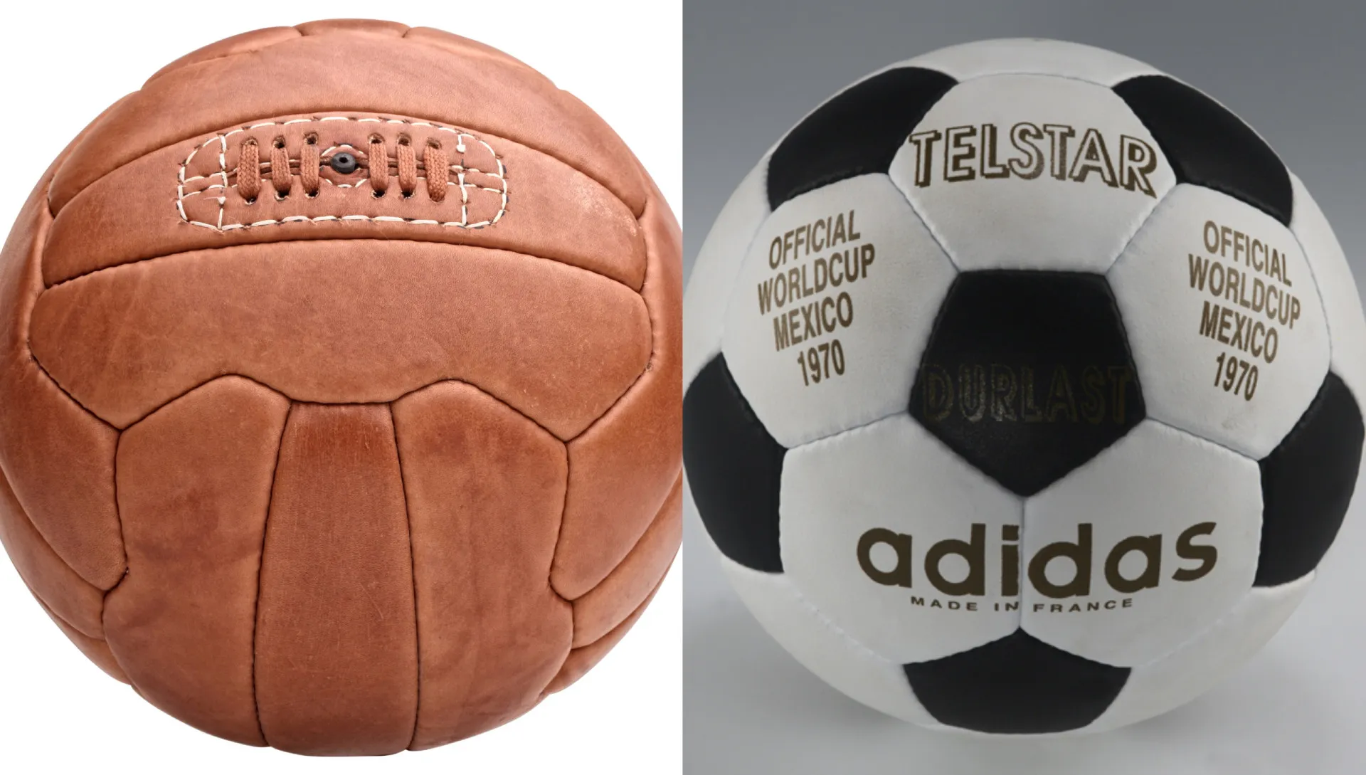 Comparação lado a lado de uma bola de futebol de couro marrom antiga e uma bola moderna preta e branca.