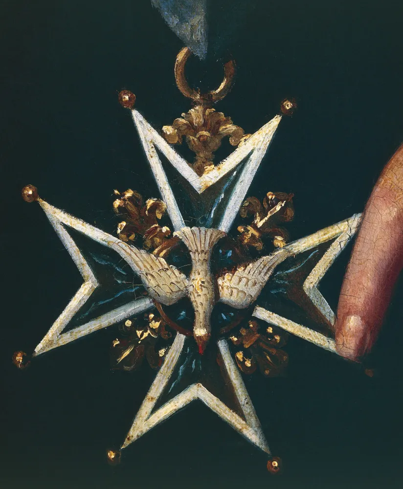 Detalhe de uma pintura antiga mostrando os Cavaleiros da Ordem do Espírito Santo com suas fitas azuis.