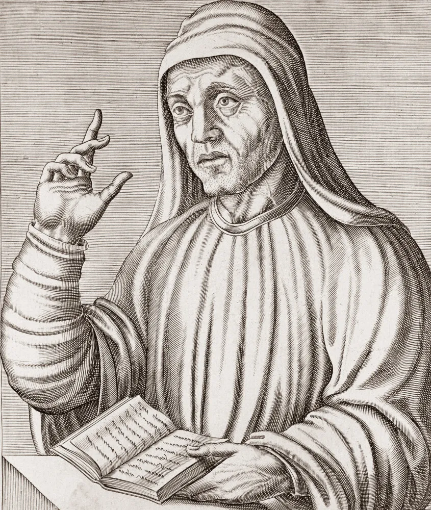 Um monge medieval escrevendo em um pergaminho, representando a importância da escrita padronizada.