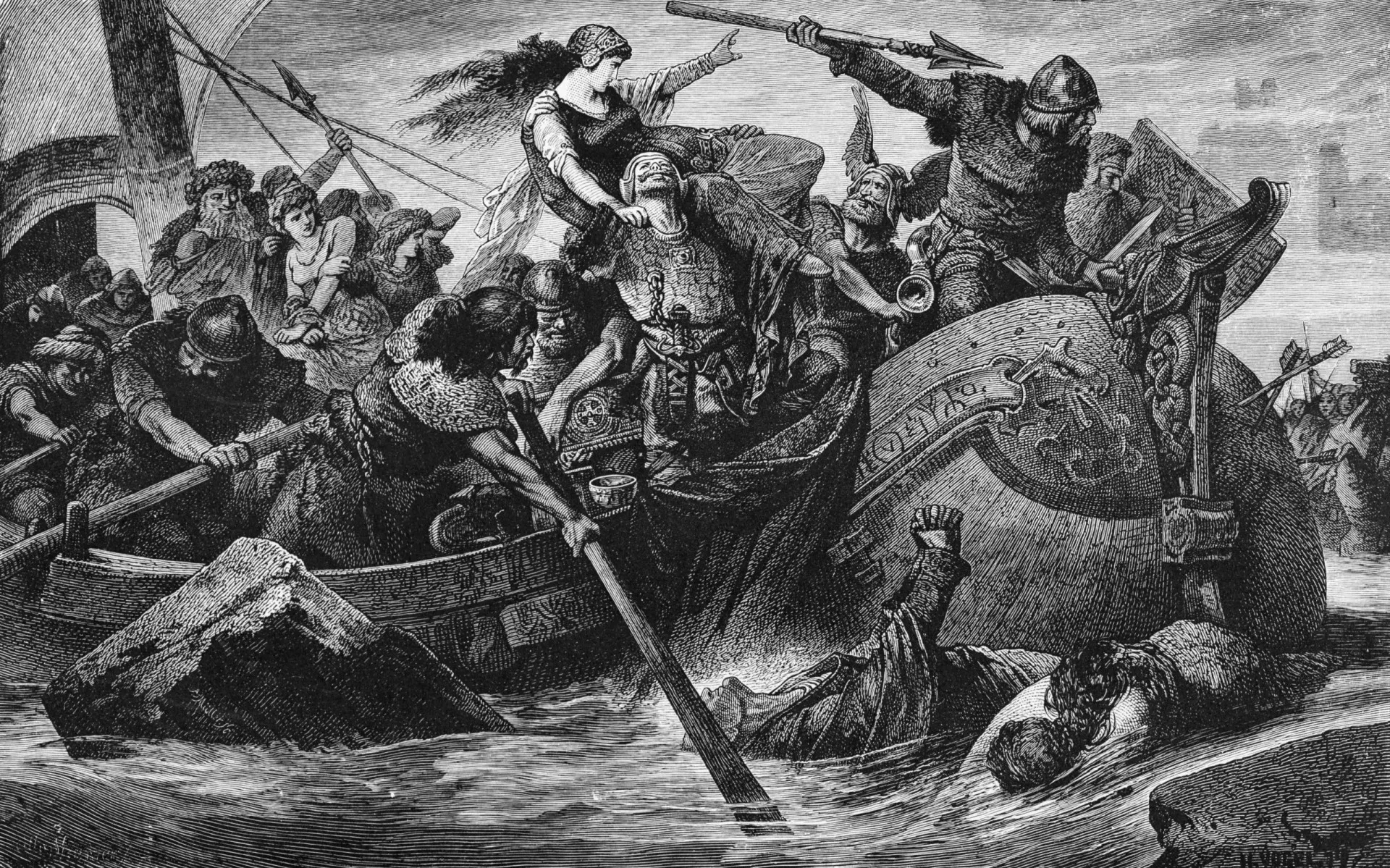 Navios vikings, conhecidos como drakkars, navegando em mares agitados, simbolizando exploração e comércio.