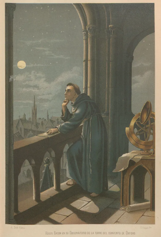 Um estudioso medieval observando as estrelas com um astrolábio, um instrumento astronômico da época.