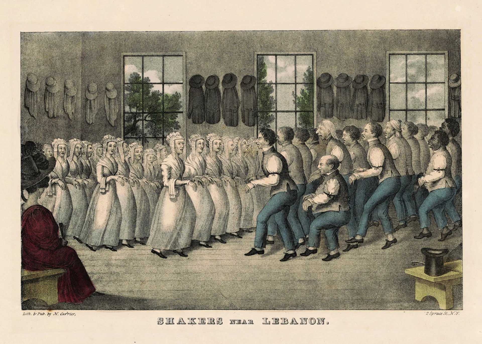 Ilustração de Ann Lee, fundadora dos Shakers, pregando para seus seguidores com fervor.