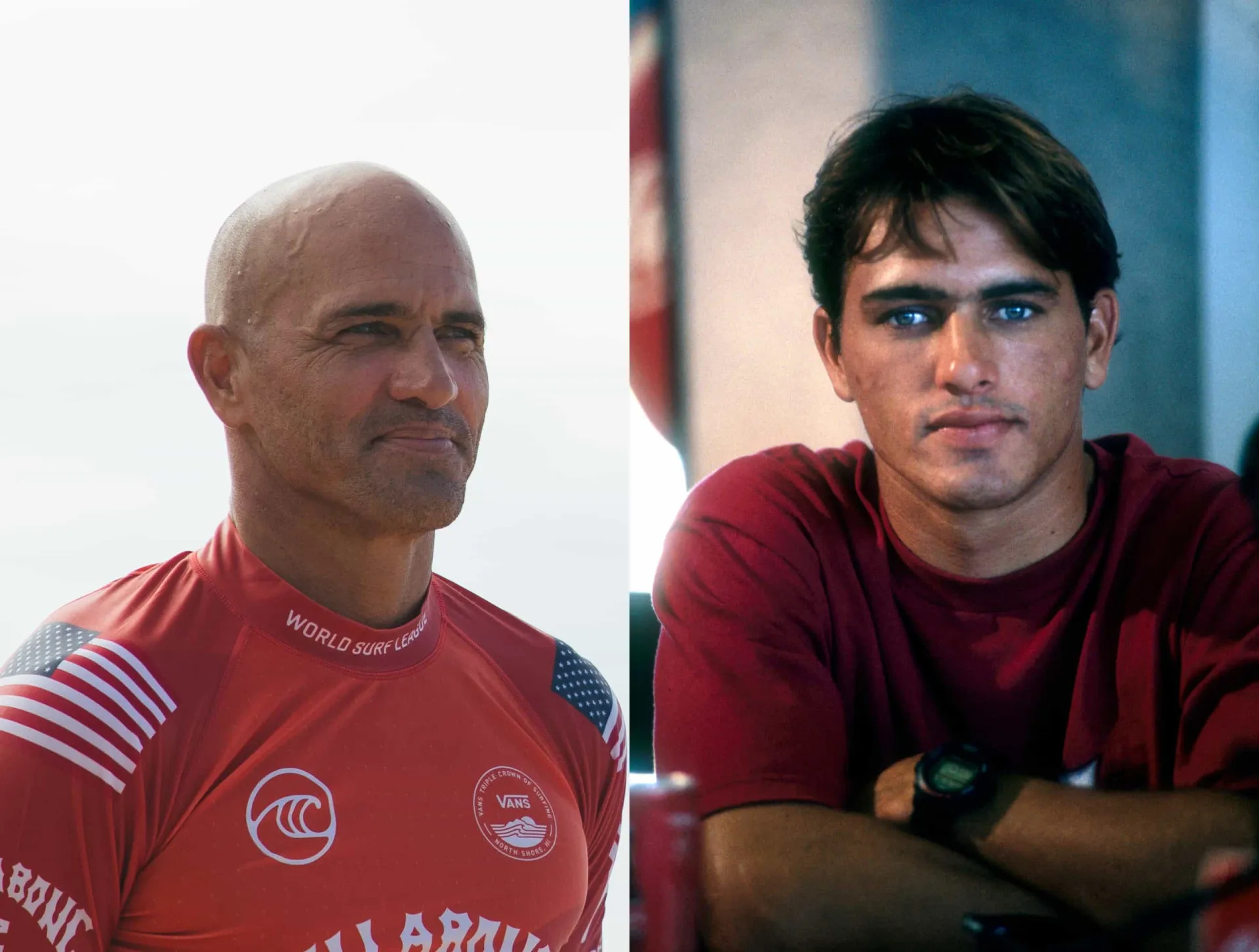 A lenda do surf Kelly Slater em sua juventude com cabelo e com o visual careca que o acompanha há anos.
