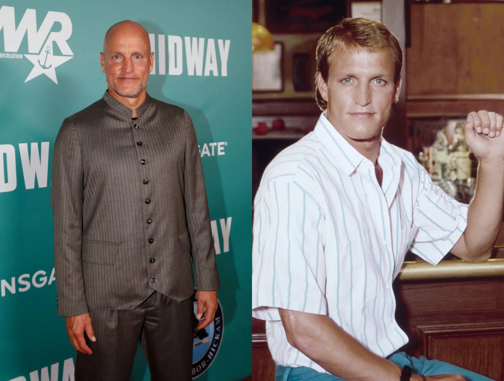 Woody Harrelson jovem com uma farta cabeleira loira e atualmente com seu visual careca.