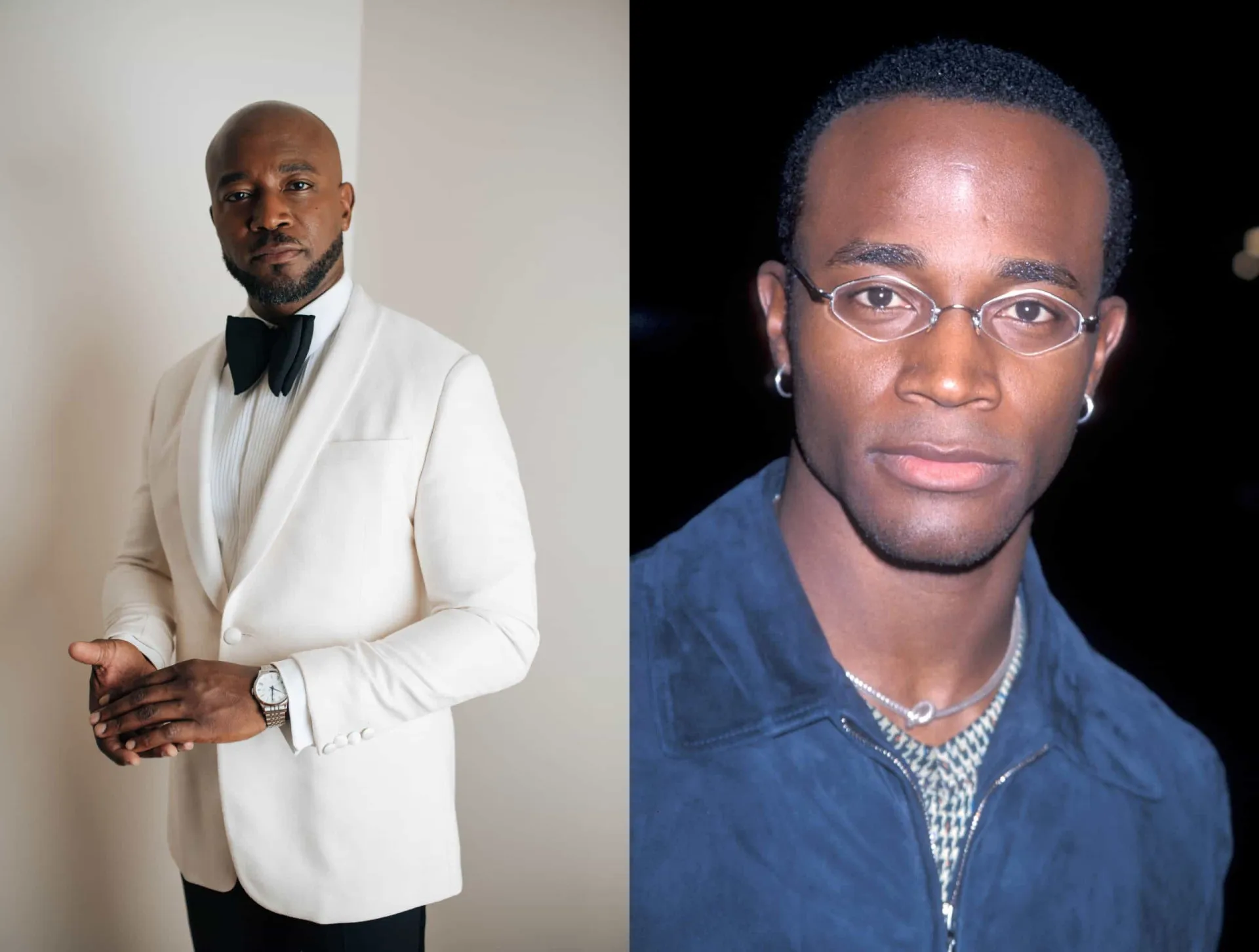 O ator Taye Diggs no passado com uma boa cabeleira e hoje, com o visual careca e barba.