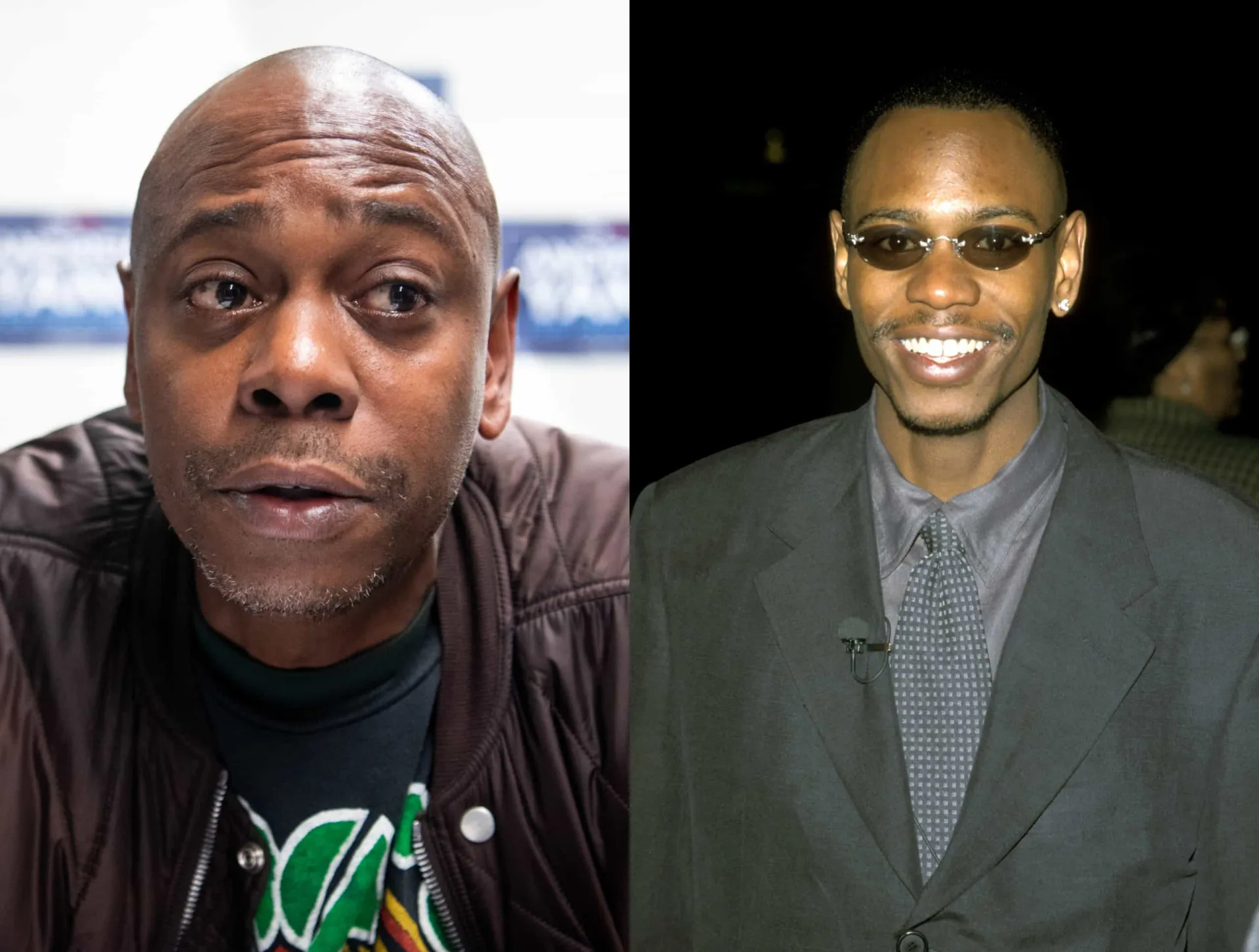 O comediante Dave Chapelle em sua juventude com cabelo e com sua atual e famosa aparência careca.