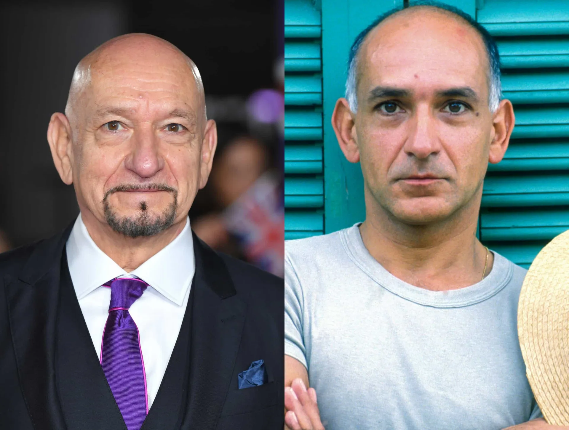 Ben Kingsley em uma foto antiga com pouco cabelo e como o careca Mahatma Gandhi, papel que lhe rendeu um Oscar.