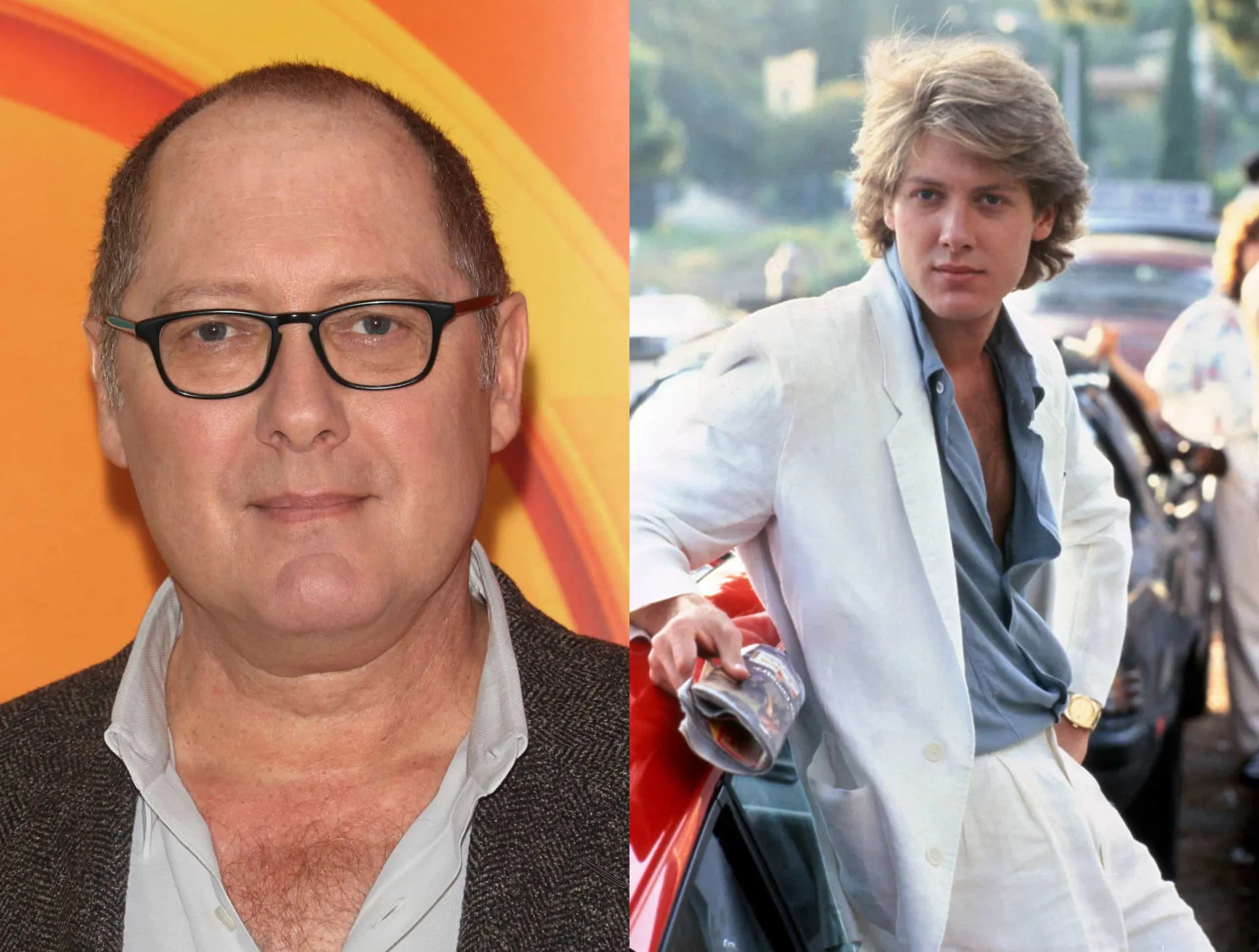 James Spader com um visual cabeludo e descolado no passado, e com o cabelo ralo na série 'The Blacklist'.