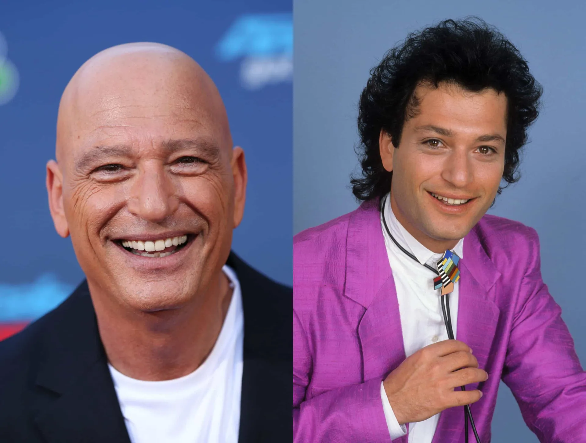 O comediante Howie Mandel com uma farta cabeleira cacheada no passado e com sua impecável careca atual.