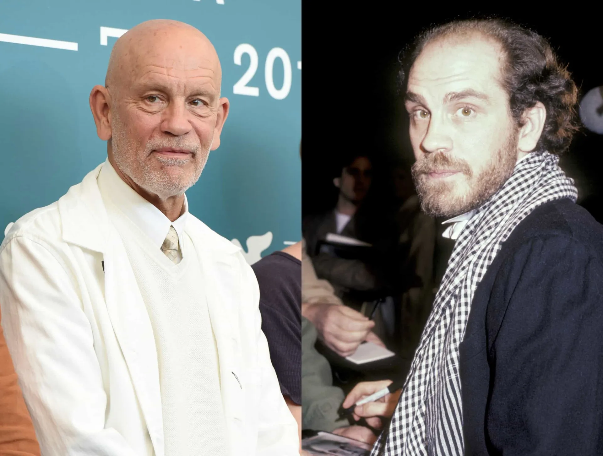 John Malkovich em sua juventude com cabelo ondulado e mais velho, com a calvície que se tornou sua marca.