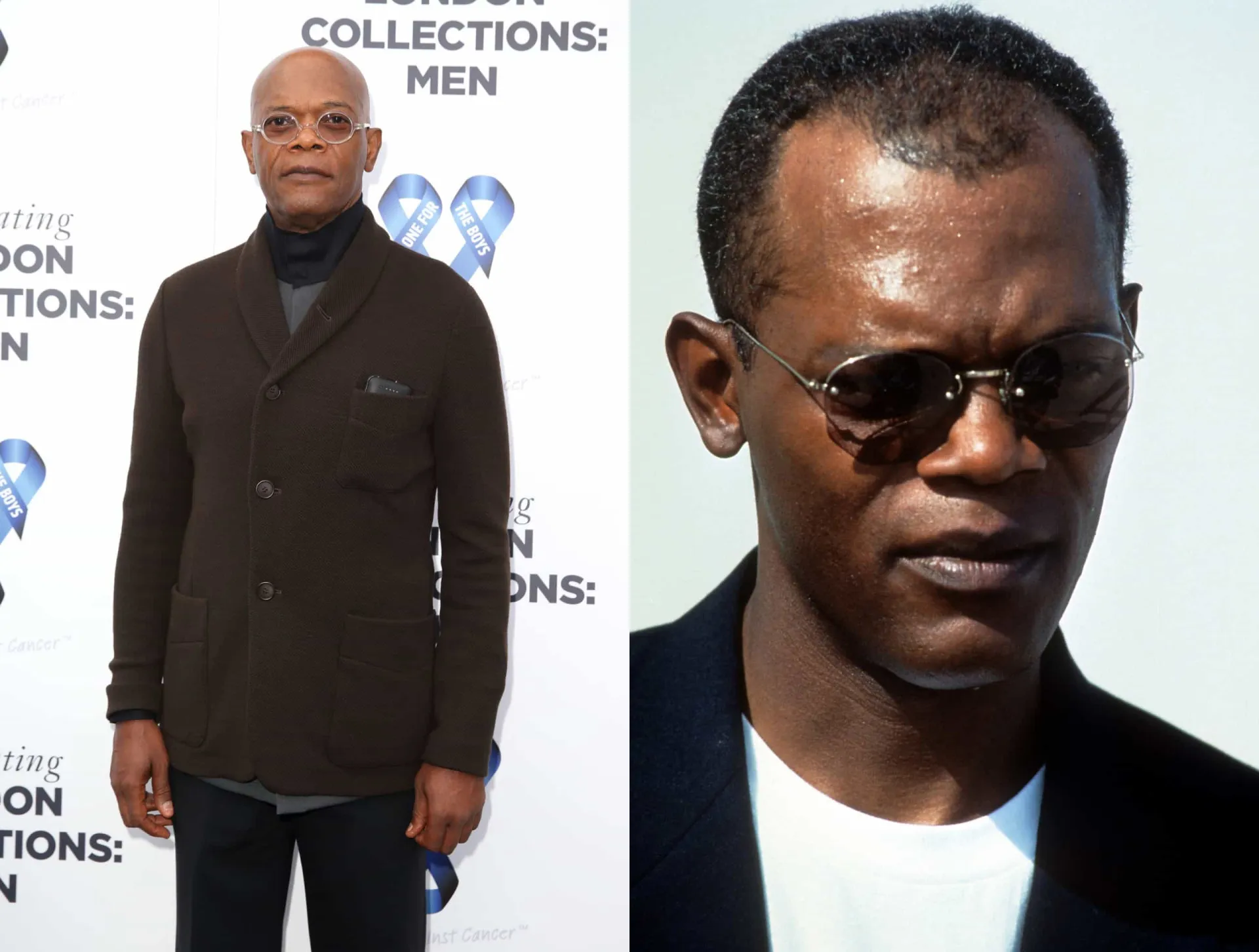 Samuel L. Jackson em sua juventude com cabelo afro e hoje, com sua icônica careca.