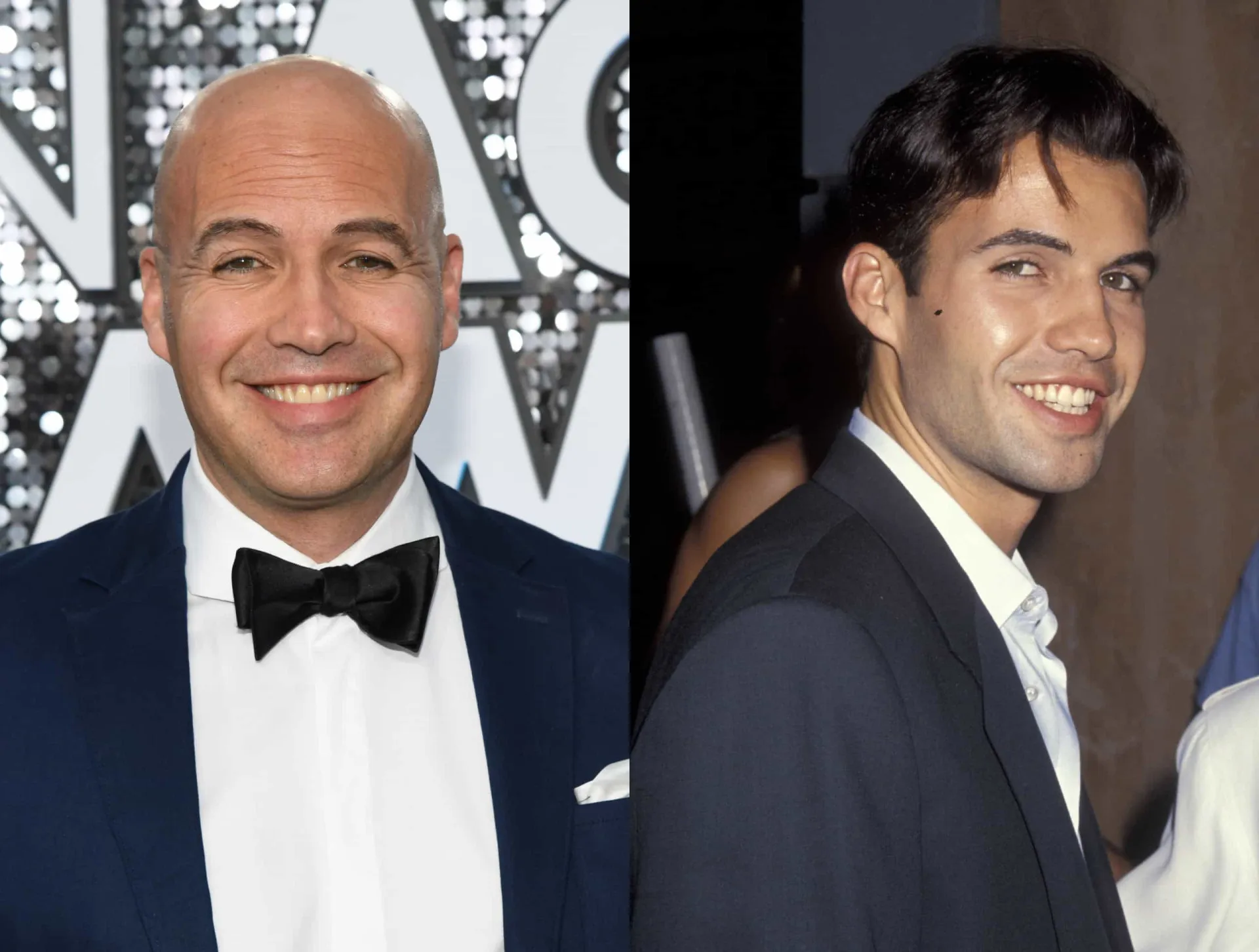 Billy Zane com cabelo escuro em 'Titanic' e hoje, com o visual careca que adotou.