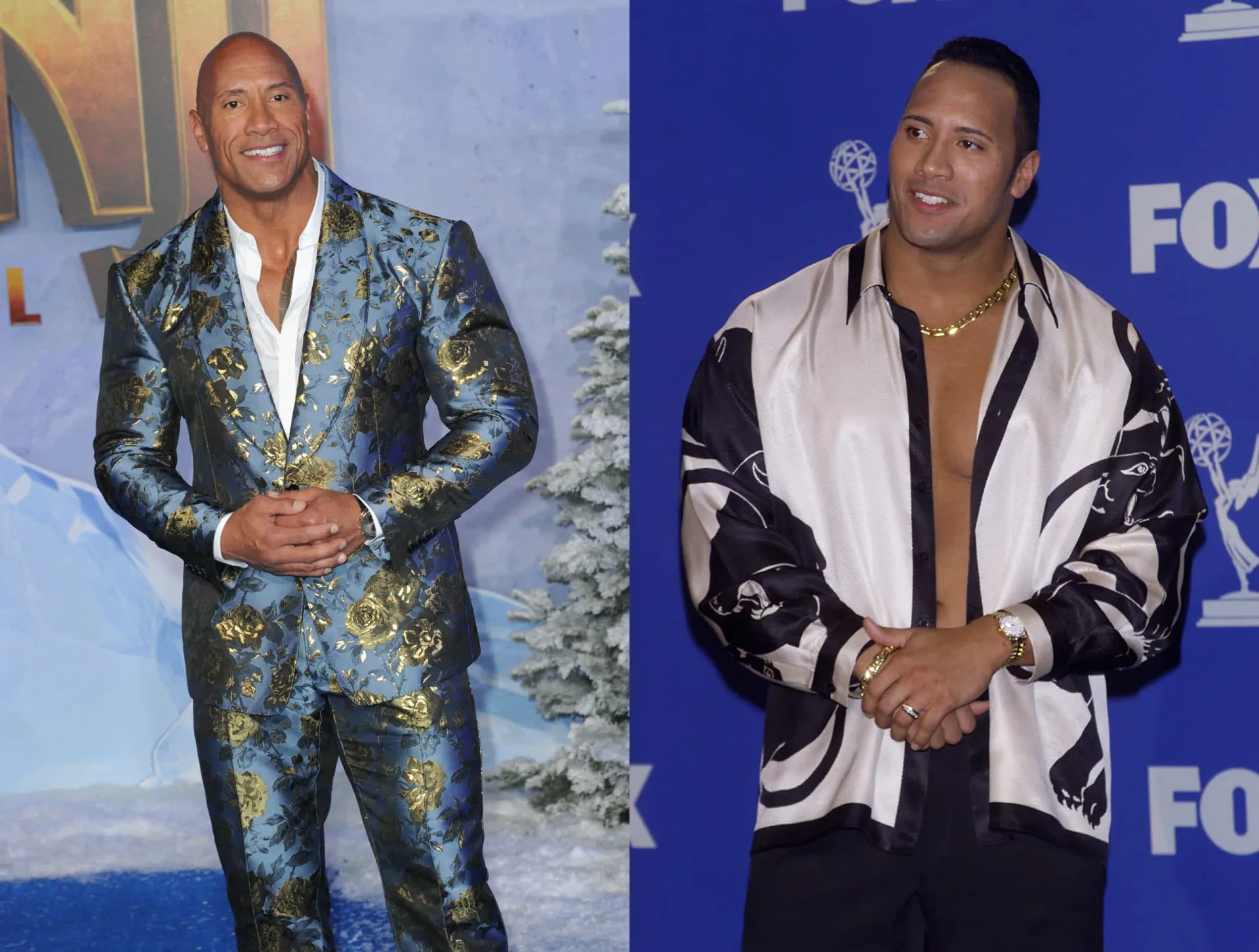 Dwayne 'The Rock' Johnson em sua juventude com cabelo e atualmente, com sua famosa careca.