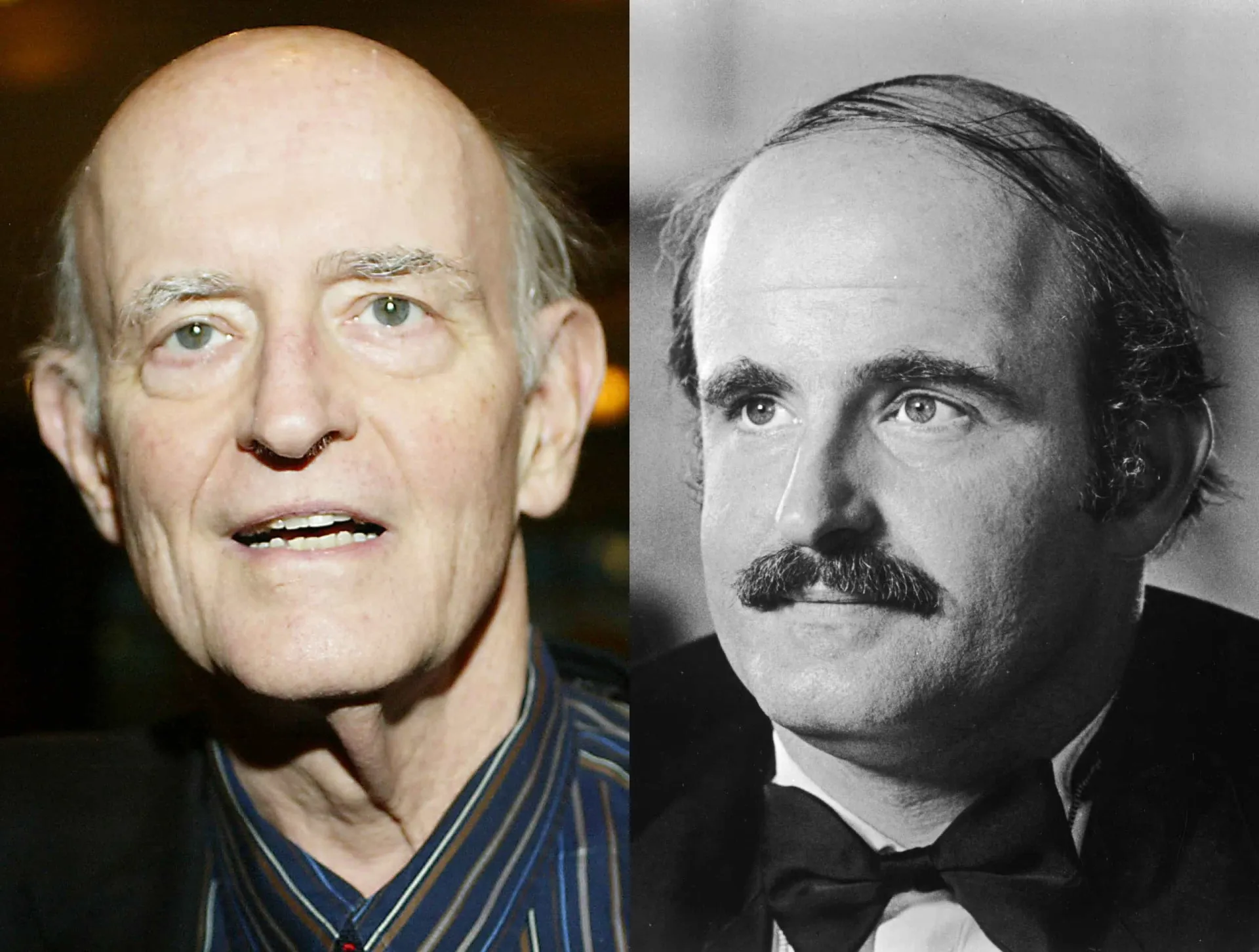O comediante Peter Boyle no passado, disfarçando a calvície com um penteado, e mais velho, já careca.