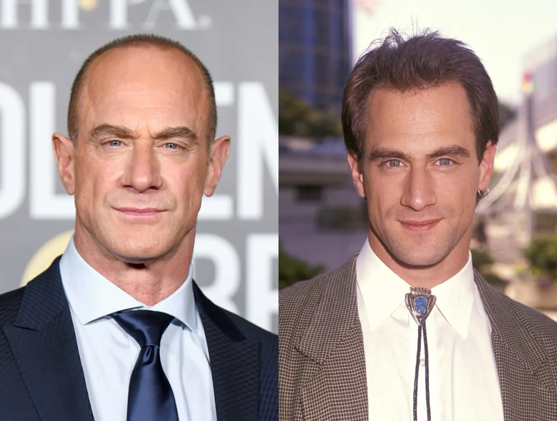Christopher Meloni com cabelo nos anos 90 e com o visual careca de seu personagem Elliot Stabler.