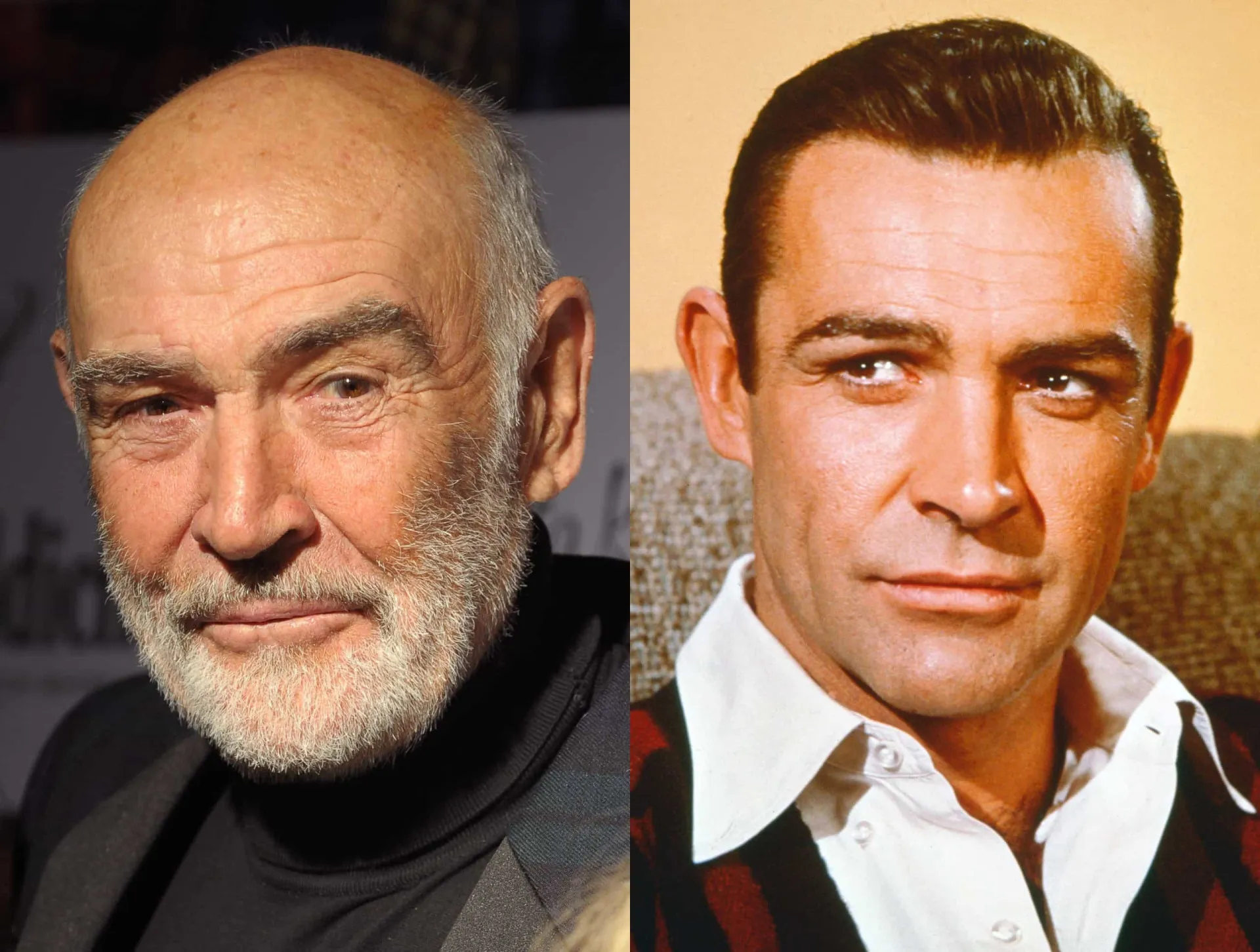 O lendário Sean Connery como James Bond com cabelo e mais velho, assumindo a calvície com elegância.