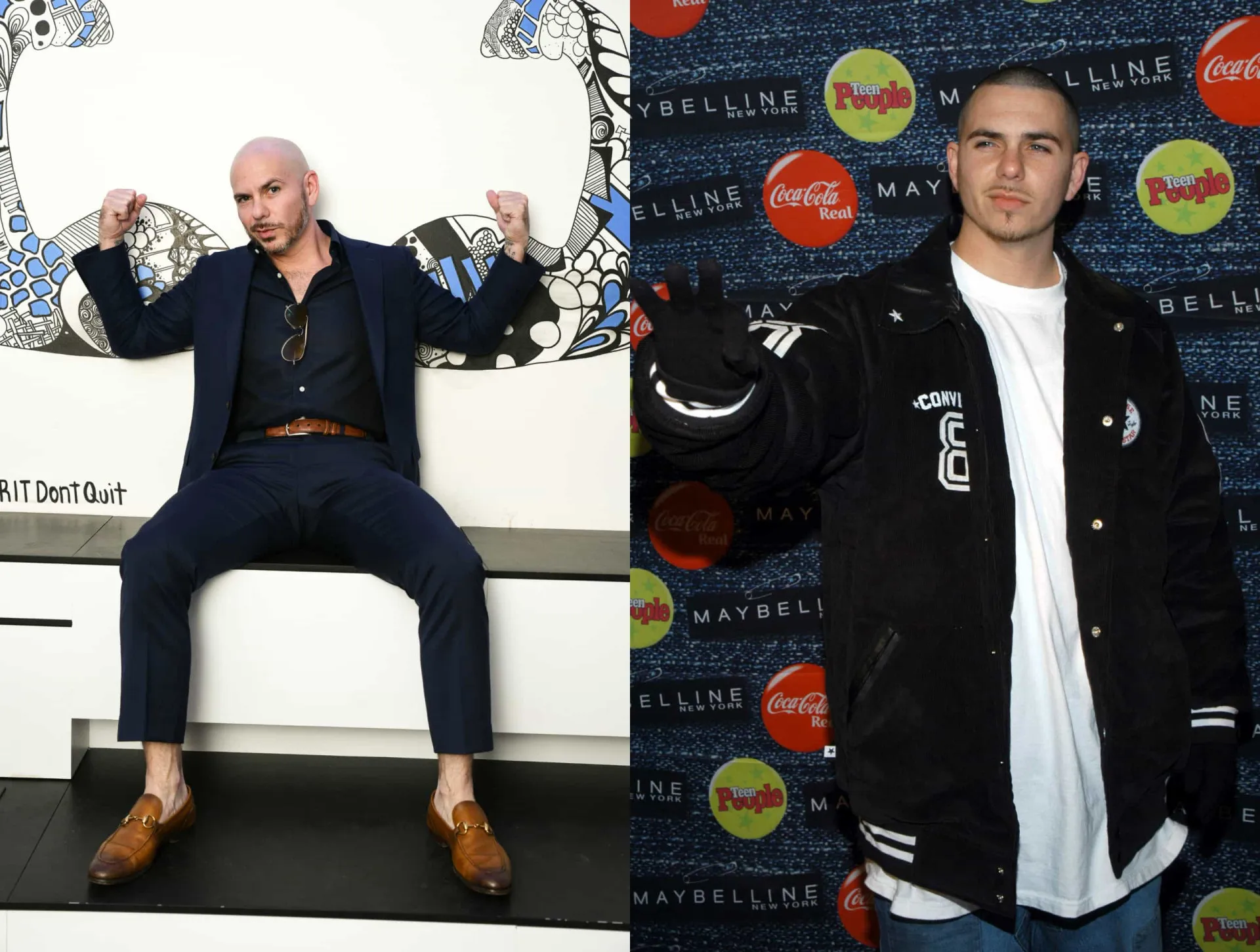 O rapper Pitbull em uma foto rara com cabelo e com sua conhecida imagem careca.