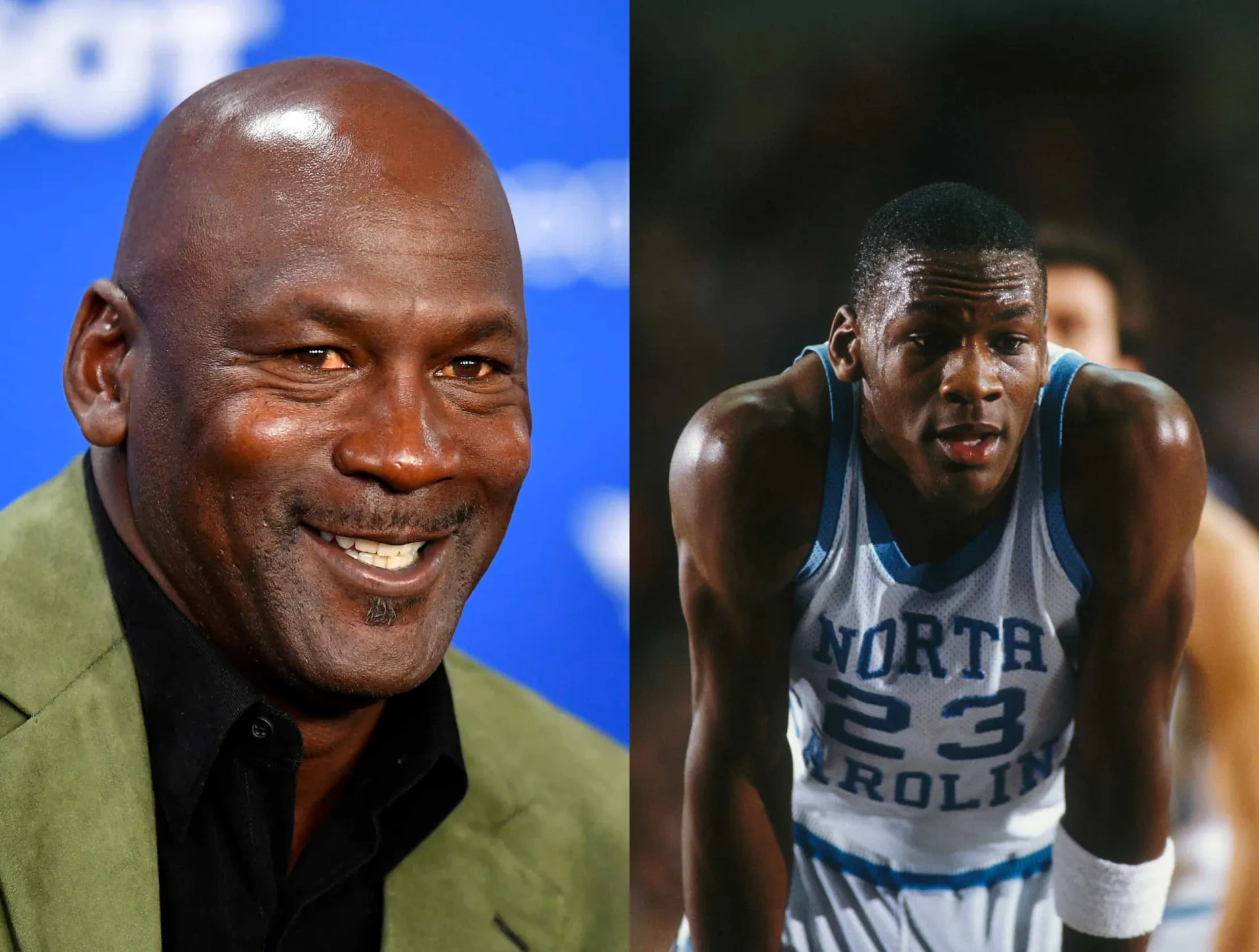 Montagem de Michael Jordan jovem com cabelo e mais velho, já careca.