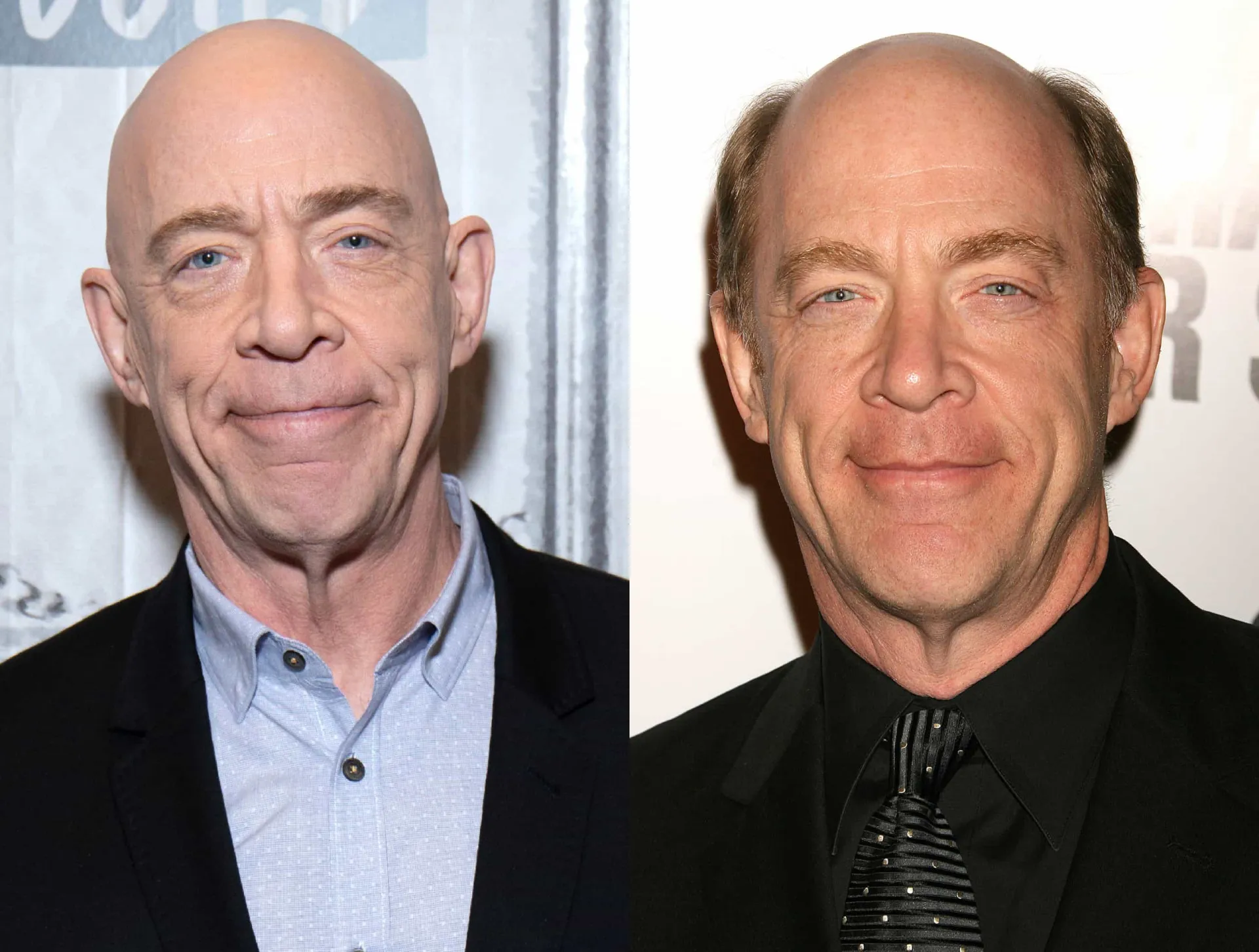 J.K. Simmons no passado com mais cabelo nas laterais e atualmente, careca e musculoso.